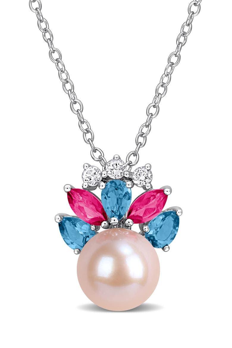 8-8.5mm Cultured Freshwater Pearl & Gemstone Cluster Pendant Necklace, Main, color, PINK/ BLUE/ SILVER MULTI