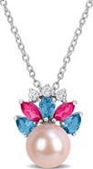 DELMAR 8-8.5mm Cultured Freshwater Pearl & Gemstone Cluster Pendant Necklace