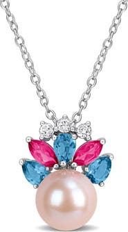 DELMAR 8-8.5mm Cultured Freshwater Pearl & Gemstone Cluster Pendant Necklace
