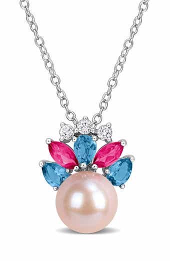 8-8.5mm Cultured Freshwater Pearl & Gemstone Cluster Pendant Necklace