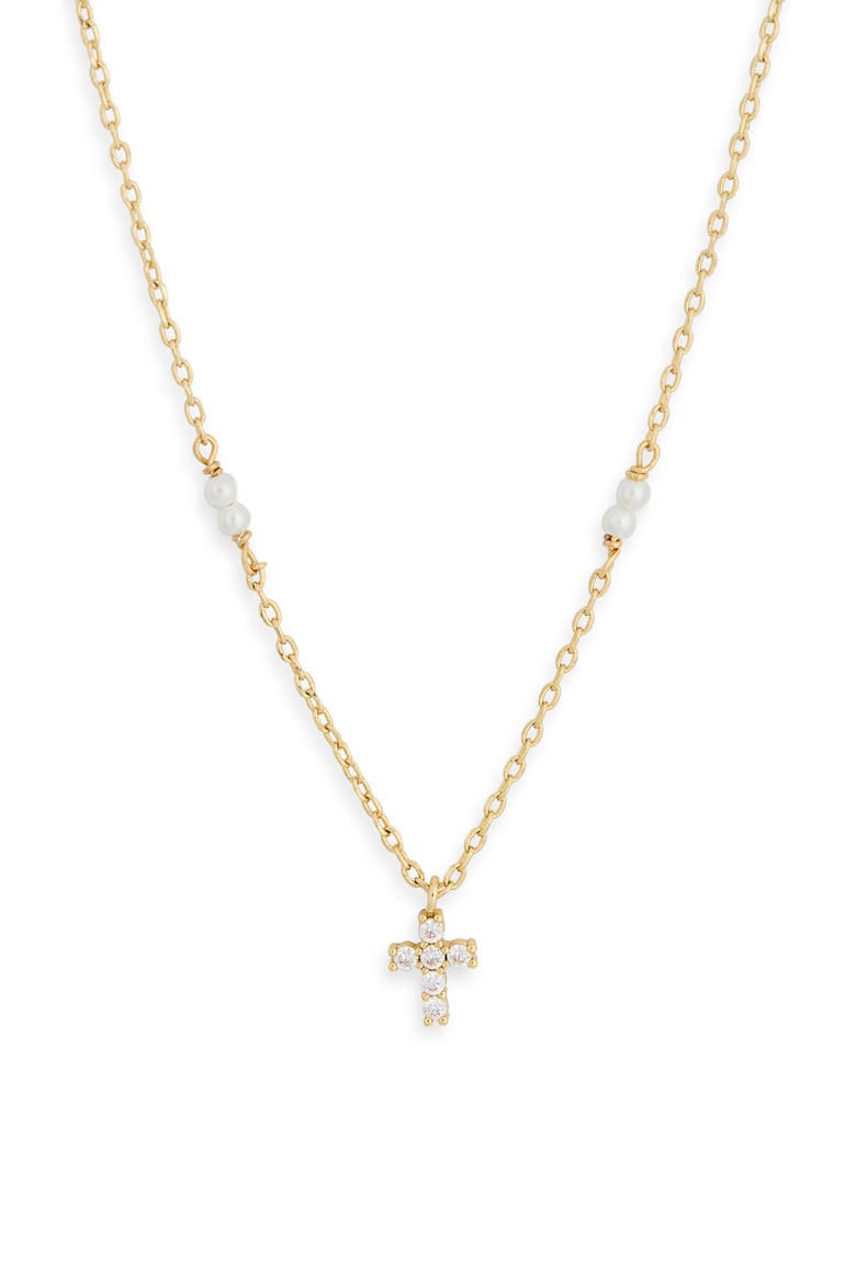 Freshwater Pearl & Cubic Zirconia Cross Pendant Necklace, Alternate, color, GOLD