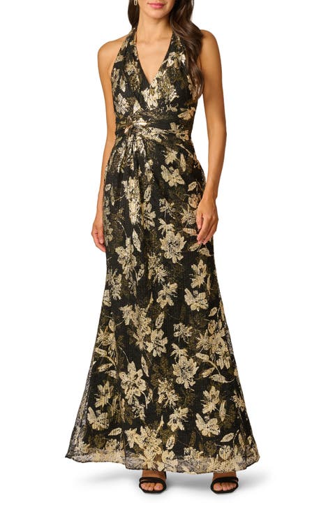 Metallic Lace Shirred Halter Gown