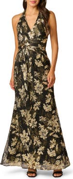 Adrianna Papell Metallic Lace Shirred Halter Gown