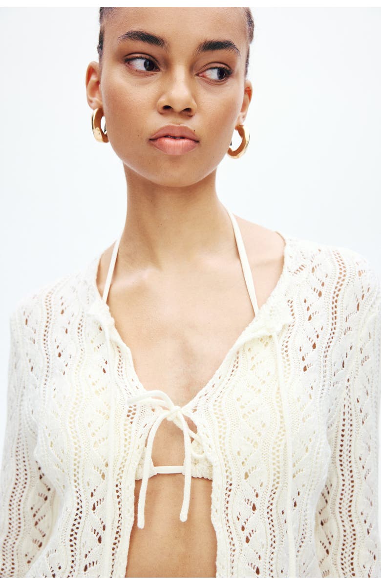 H&M Pointelle-knit tie-front cardigan, Alternate, color, Cream