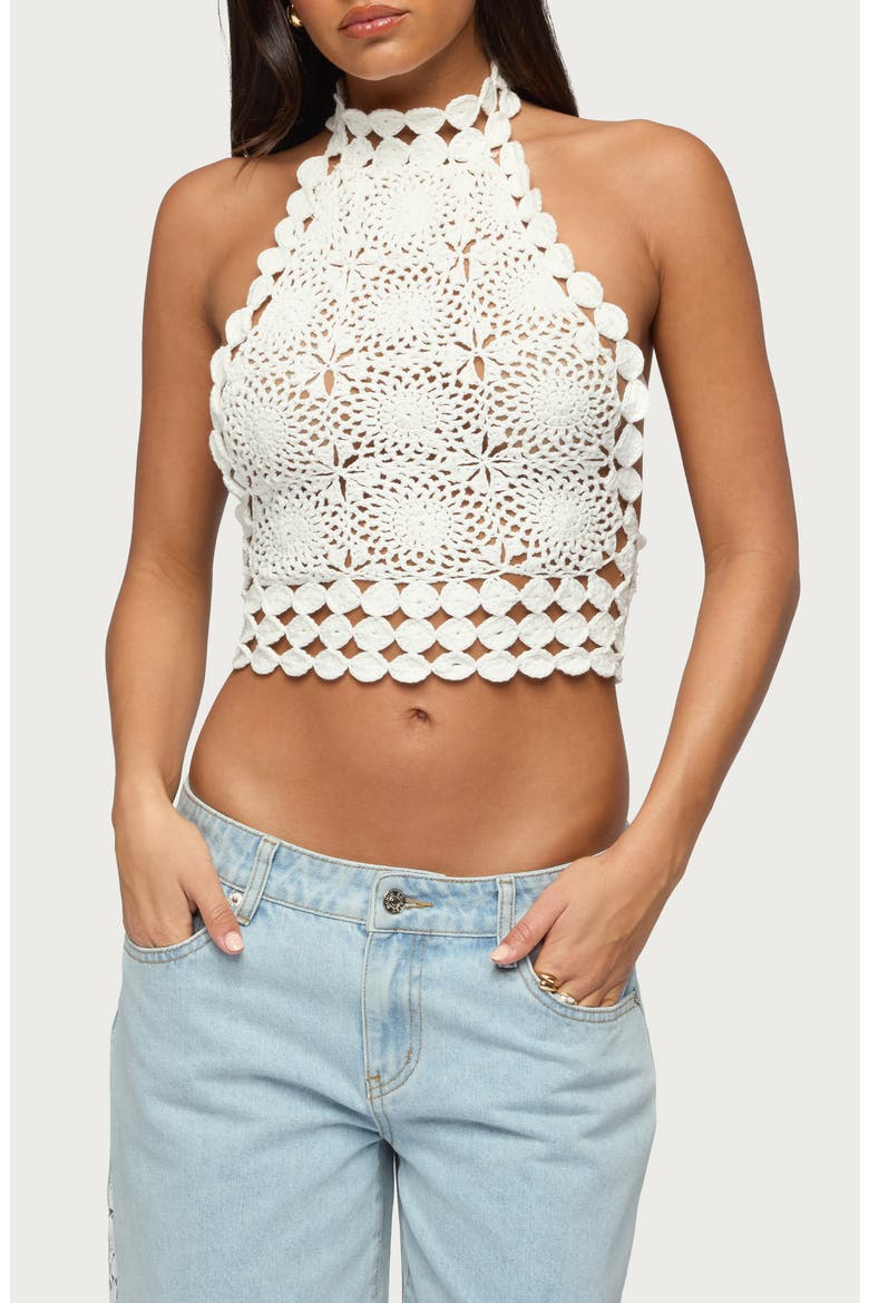 Crochet Open Back Halter Top, Main, color, CREAM