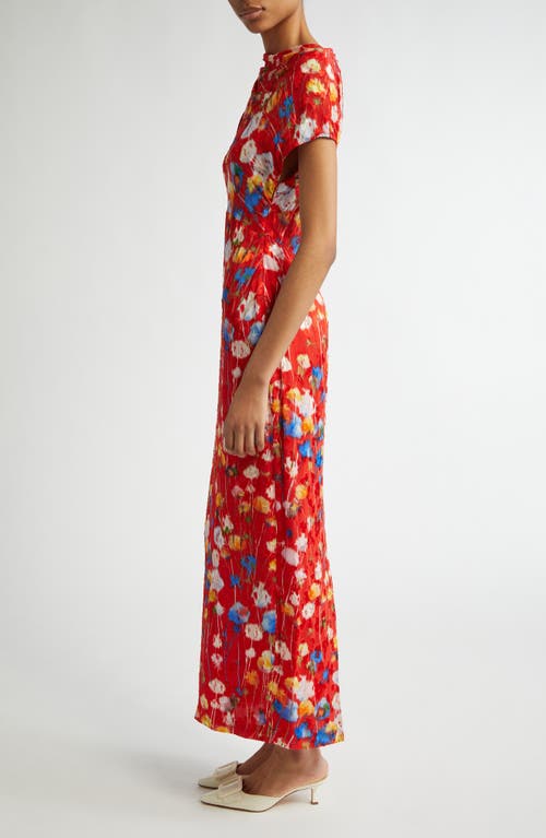 Lela Rose Floral Jacquard Draped-shoulder Ankle Sheath Dress In Poppy