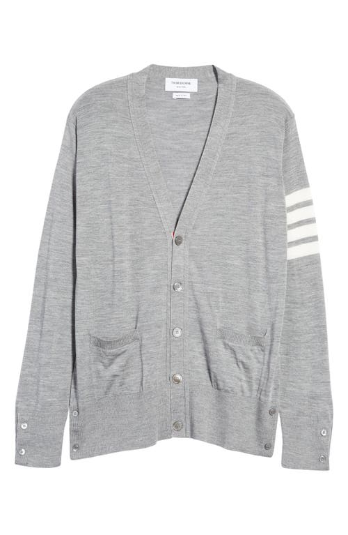 Thom Browne V-neck Hand-knitted Grey Wool Cardigan With Signature Stripes In Gray
