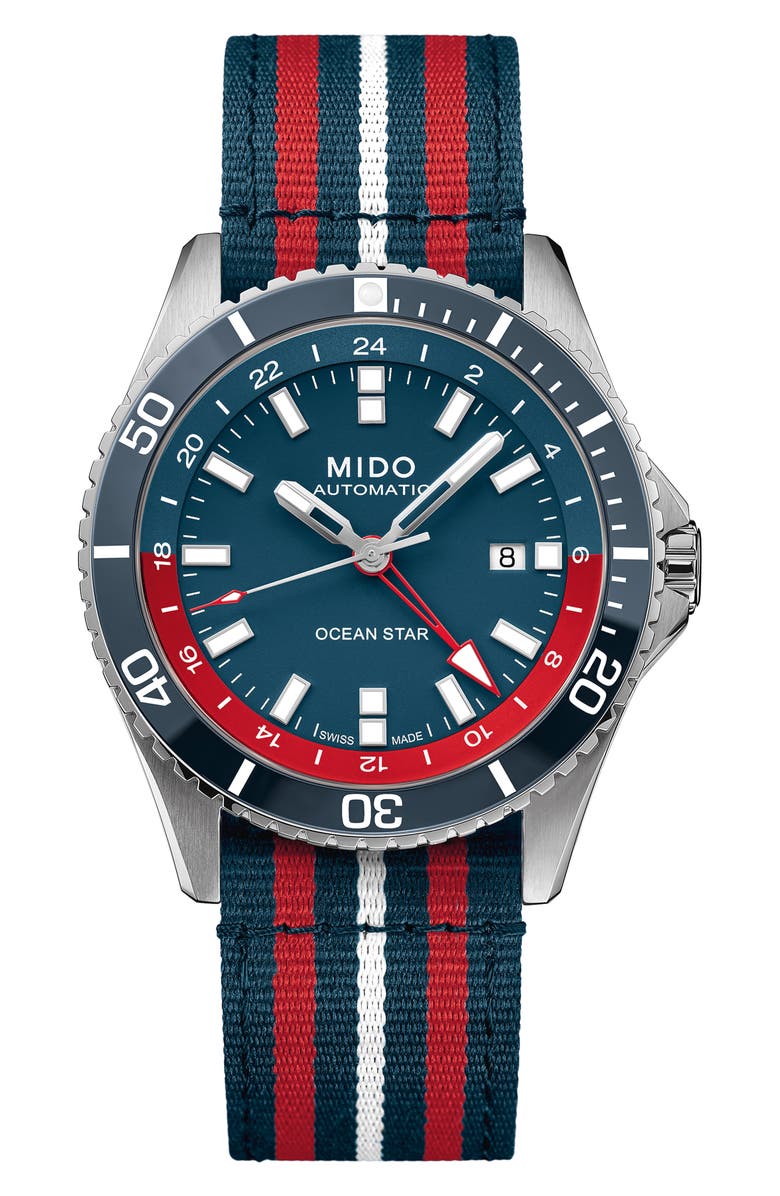MIDO Ocean Star GMT Automatic Bracelet Watch & Fabric Strap Gift Set, 44mm, Alternate, color, Blue