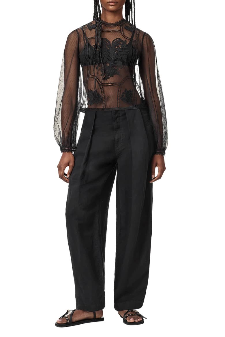 Cesca Embroidered Sheer Mock Neck Top, Alternate, color, BLACK