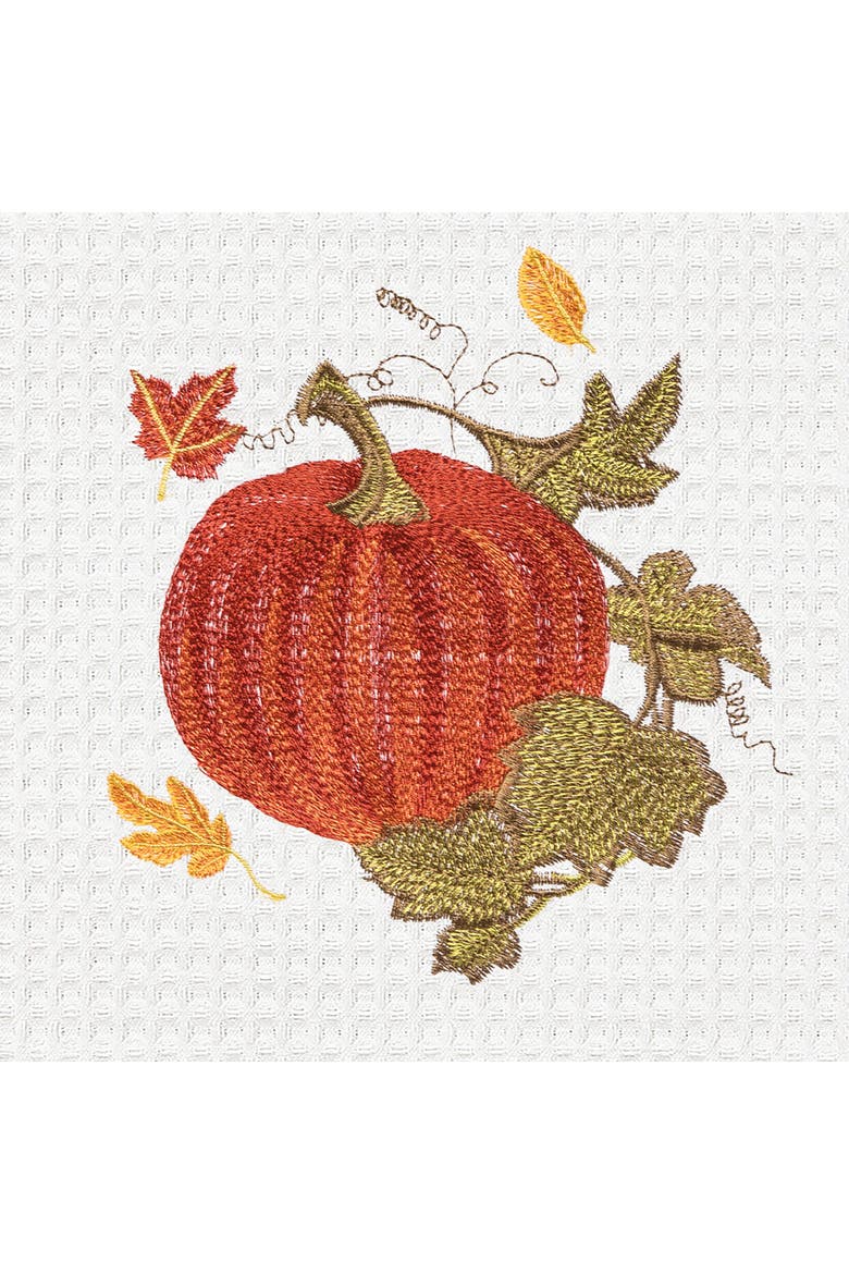 Red Autumn Embroidered Waffle Weave Thanksgiving Kitchen Towel, Alternate, color, White