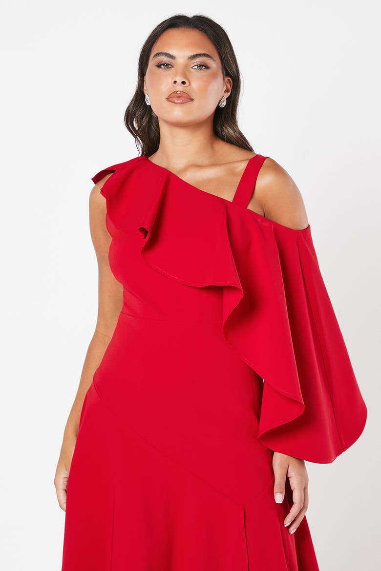 One Shoulder Ruffle Crepe Midi Dress, Alternate, color, Red