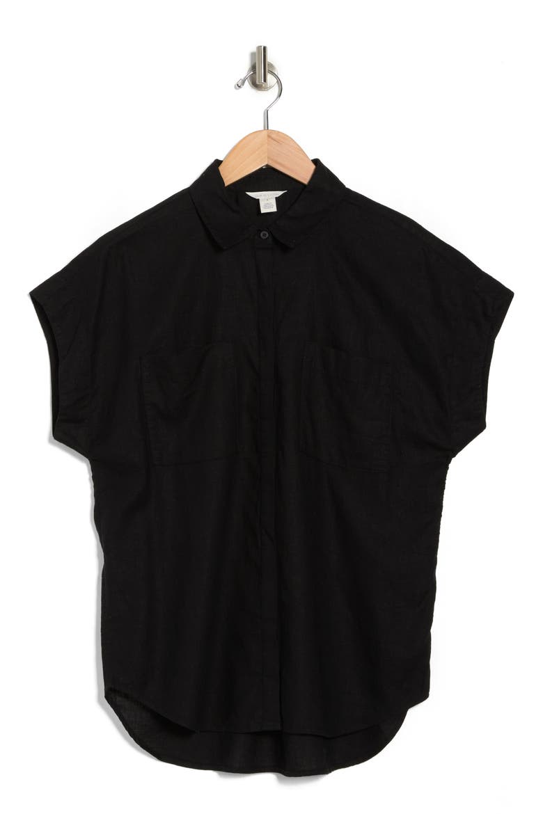 Double Pocket Linen Blend Camp Shirt, Alternate, color, BLACK