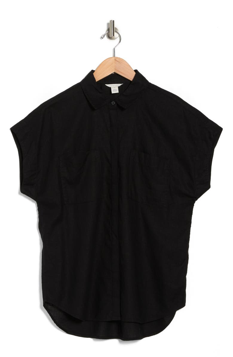 Caslon<sup>®</sup> Double Pocket Linen Blend Camp Shirt, Alternate, color, Black