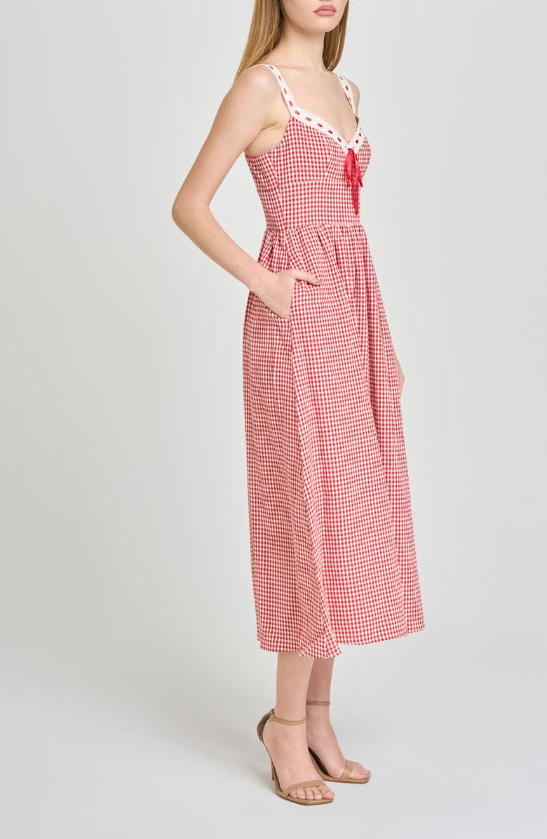 WAYF Lilibet Gingham Lace Trim Midi Dress, Alternate, color, Red
