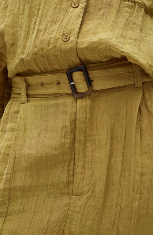 Mango Belted Textured Wide Leg Pants In Mustard