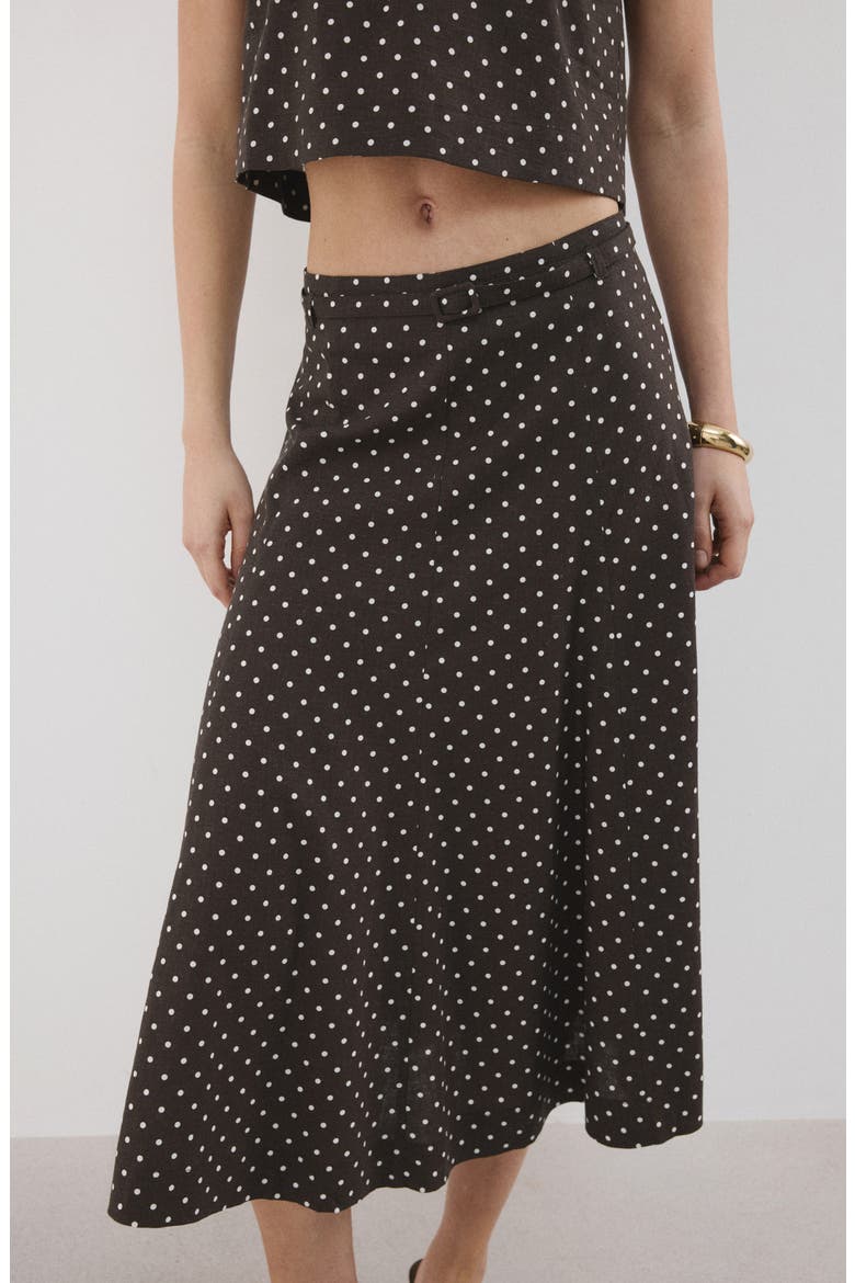Belted Polka Dot Linen Blend A-Line Midi Skirt, Alternate, color, BLACK
