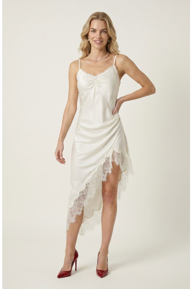 Asymmetric Satin Slip Dress with Lace Trim, Main, color, White