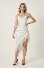 Modenaire Asymmetric Satin Slip Dress with Lace Trim
