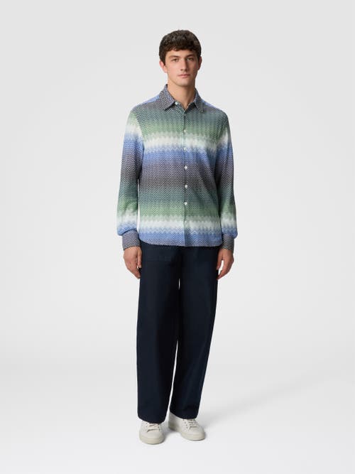 Missoni Gradient Zig Zag Cotton Knit Shirt With Breast Pocket In Blue & Green