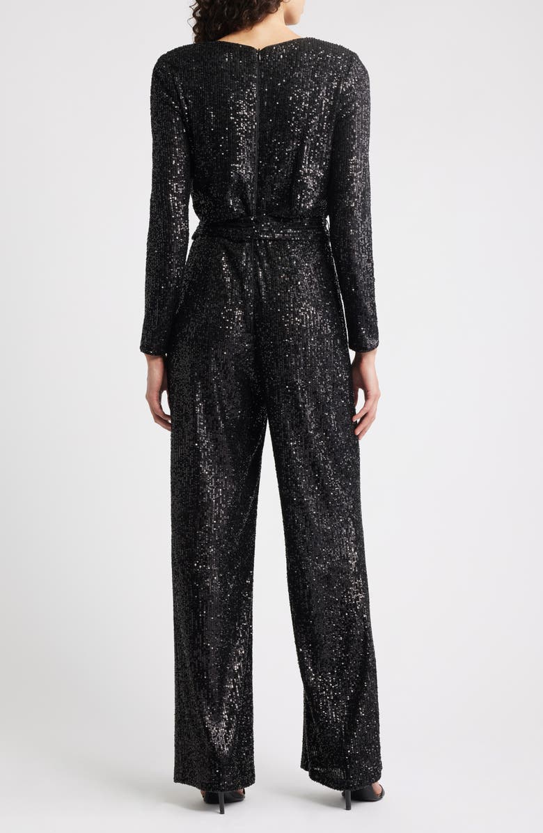 Eliza J Draped Neck Long Sleeve Sequin Jumpsuit, Alternate, color, Black