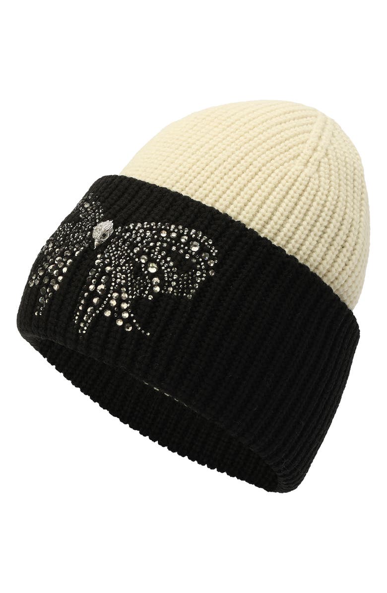Kurt Geiger London Belgravia Bow Colorblock Beanie, Alternate, color, Black/ Bone