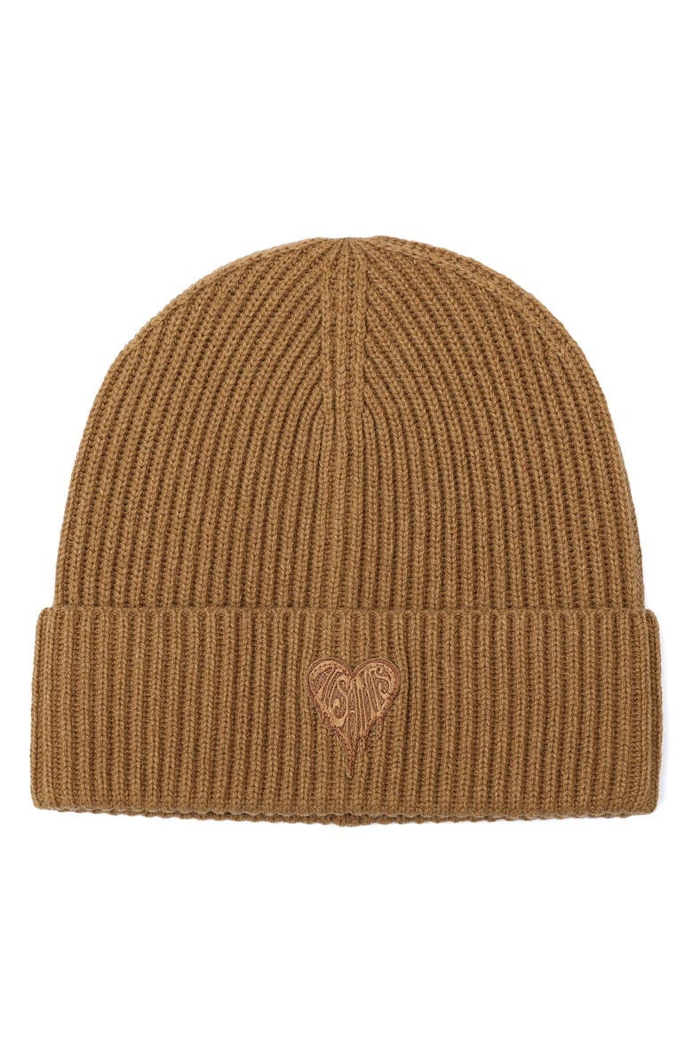 AllSaints Heart Logo Rib Beanie, Main, color, Tannin Brown