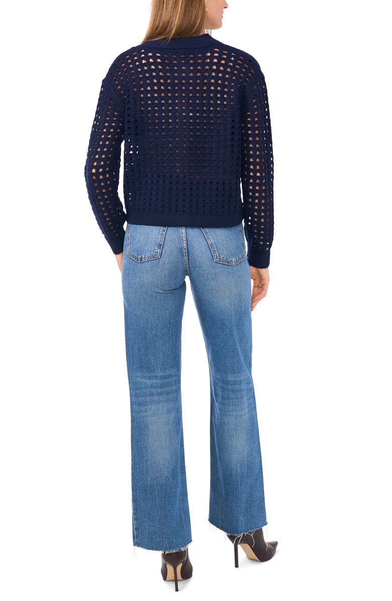 Vince Camuto Pointelle Crewneck Cardigan, Alternate, color, Classic Navy