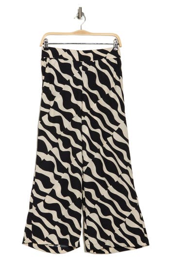 T Tahari Ankle Crop Wide Leg Palazzo Pants In Black/ivory Abstract