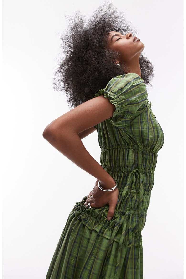 Plaid Ruched Cotton Maxi Dress, Alternate, color, MID GREEN