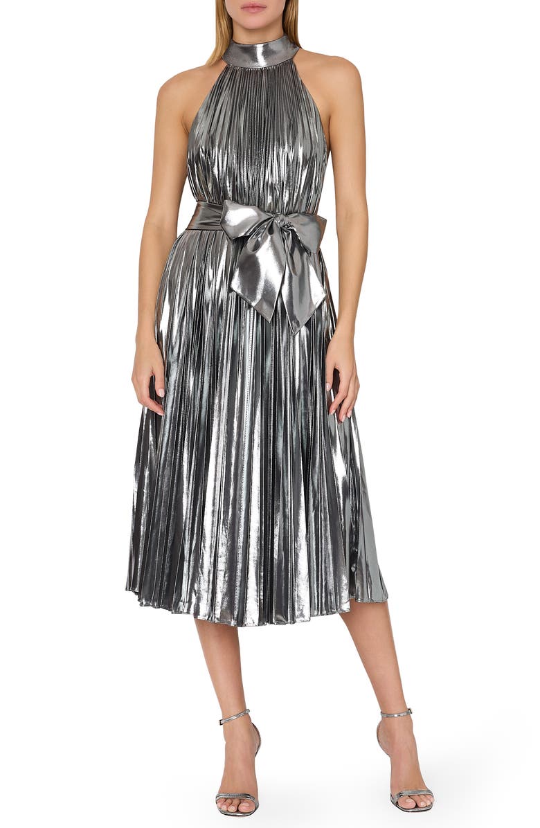 Milly Idena Pleated Metallic Halter Dress, Main, color, 