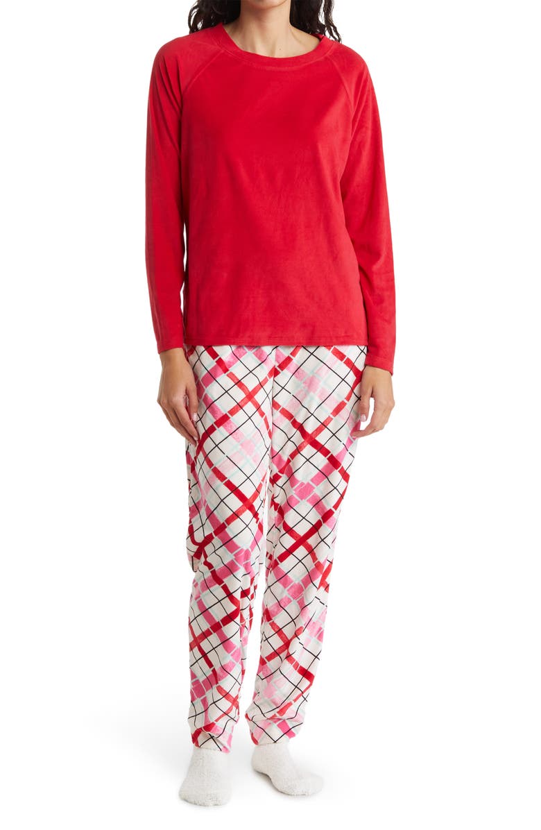 Hue Hazy Plaid Fleece Top, Joggers & Socks Pajama Set, Main, color, 