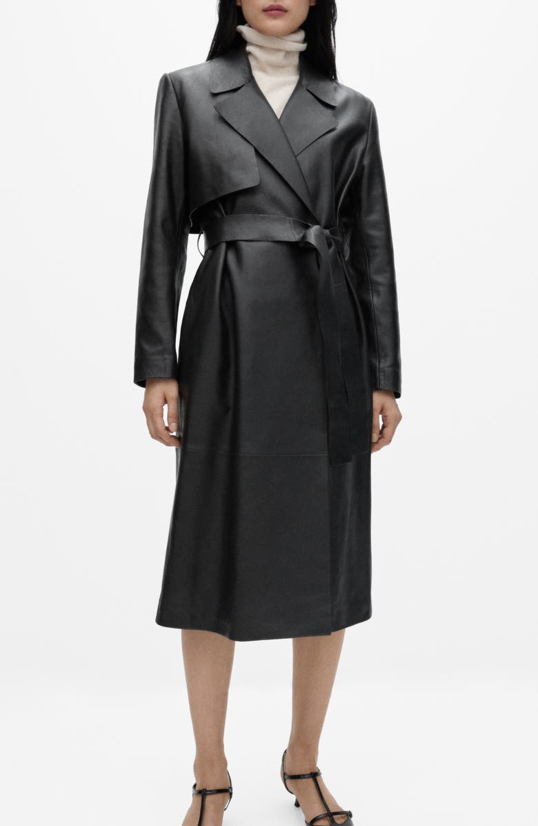 MANGO Tie Waist Leather Trench Coat, Main, color,