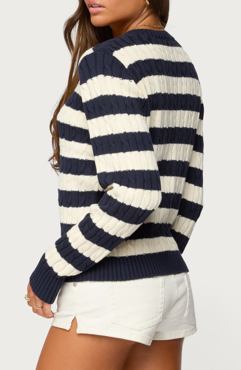 EDIKTED Mildred Stripe Cable Stitch Cotton Cardigan, Alternate, color, Navy-And-Cream