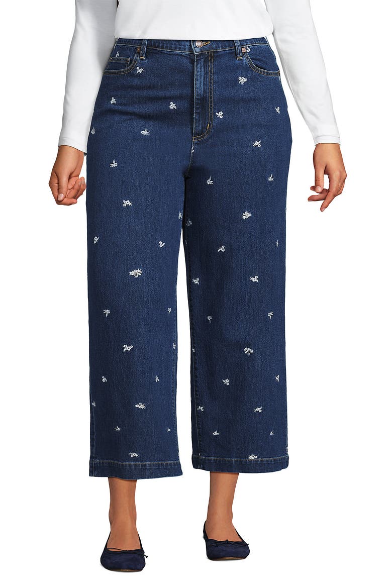 Plus Size Soft Denim High Rise Embroidered Wide Leg Crop Jeans, Main, color, Daisy Embroidery/Crawford Wash
