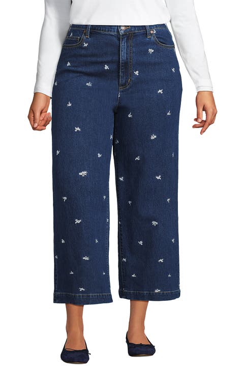 Plus Size Soft Denim High Rise Embroidered Wide Leg Crop Jeans