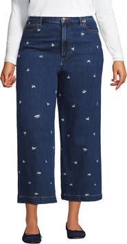 Lands' End Plus Size Soft Denim High Rise Embroidered Wide Leg Crop Jeans