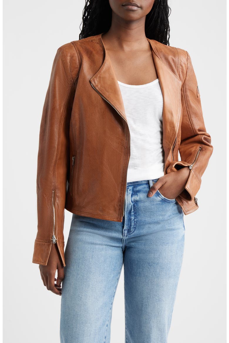 Athena Perforated Leather Jacket, Main, color, COGNAC