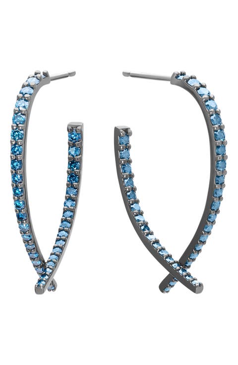 Small 14K Gold Blue Diamond Upside Down Hoop Earrings