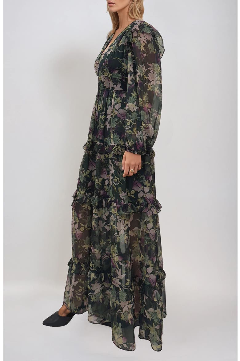 Print Ruffle Long Sleeve Chiffon Maxi Dress, Alternate, color, HUNTER GREEN FLORAL