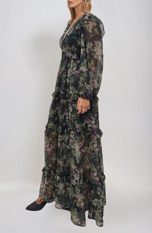 Melloday Print Ruffle Long Sleeve Chiffon Maxi Dress In Black