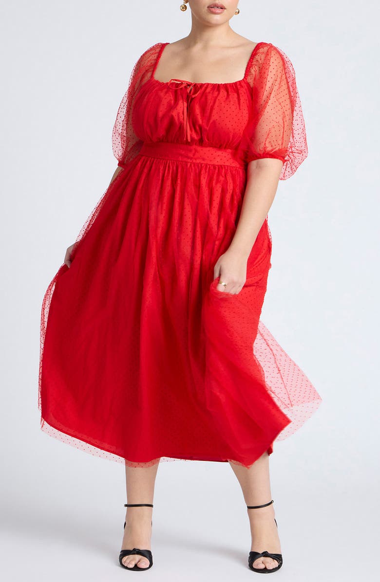 ELOQUII Puff Sleeve Tulle A-Line Dress, Main, color, 