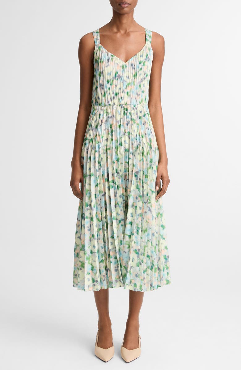 Vince Painted Garden V-Neck Pleated Dress, Main, color, Herb Petal