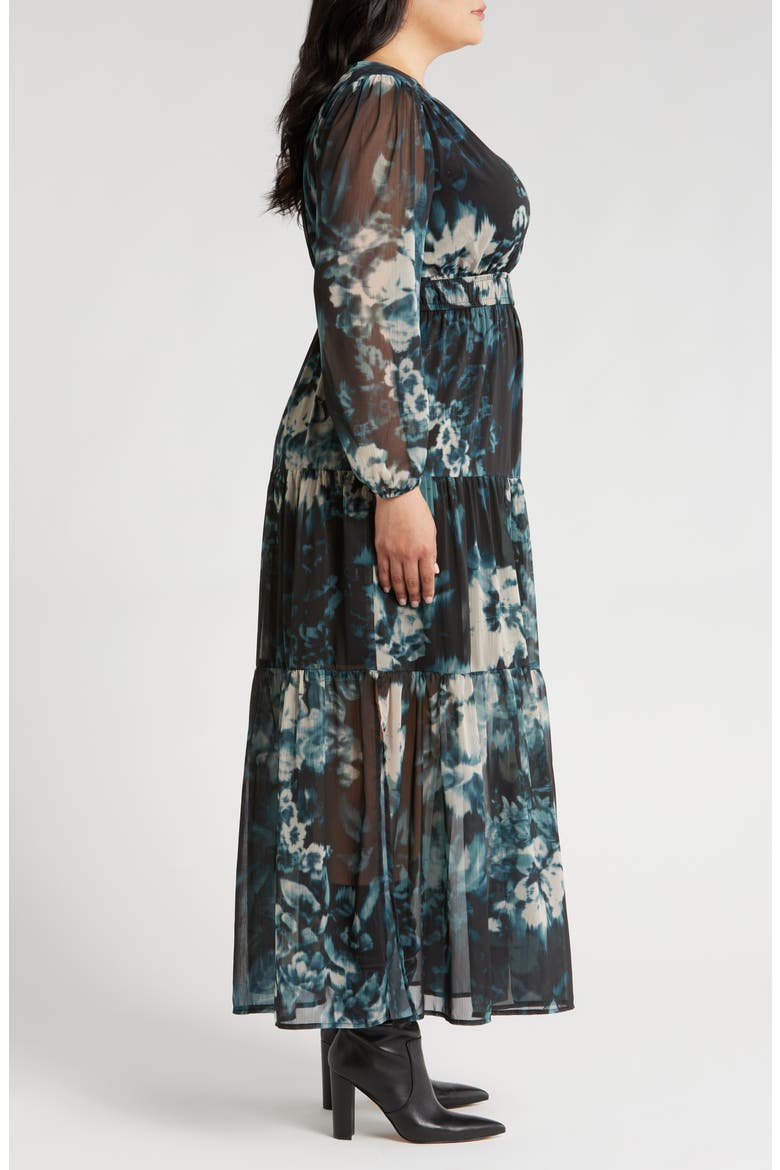 Tiered Long Sleeve Chiffon Dress, Alternate, color, BLACK- TEAL BLURRED FLORAL