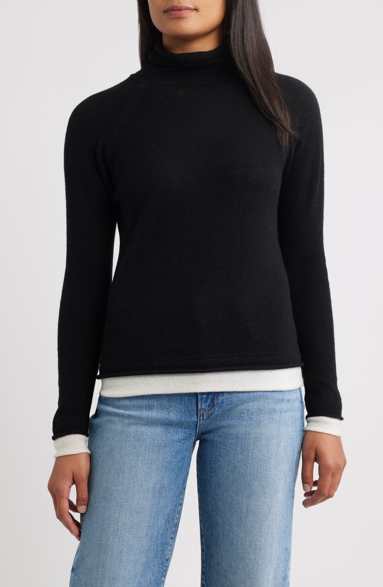 Griffen Layered Look Wool & Cashmere Turtleneck Sweater, Main, color, Black/ Ivory