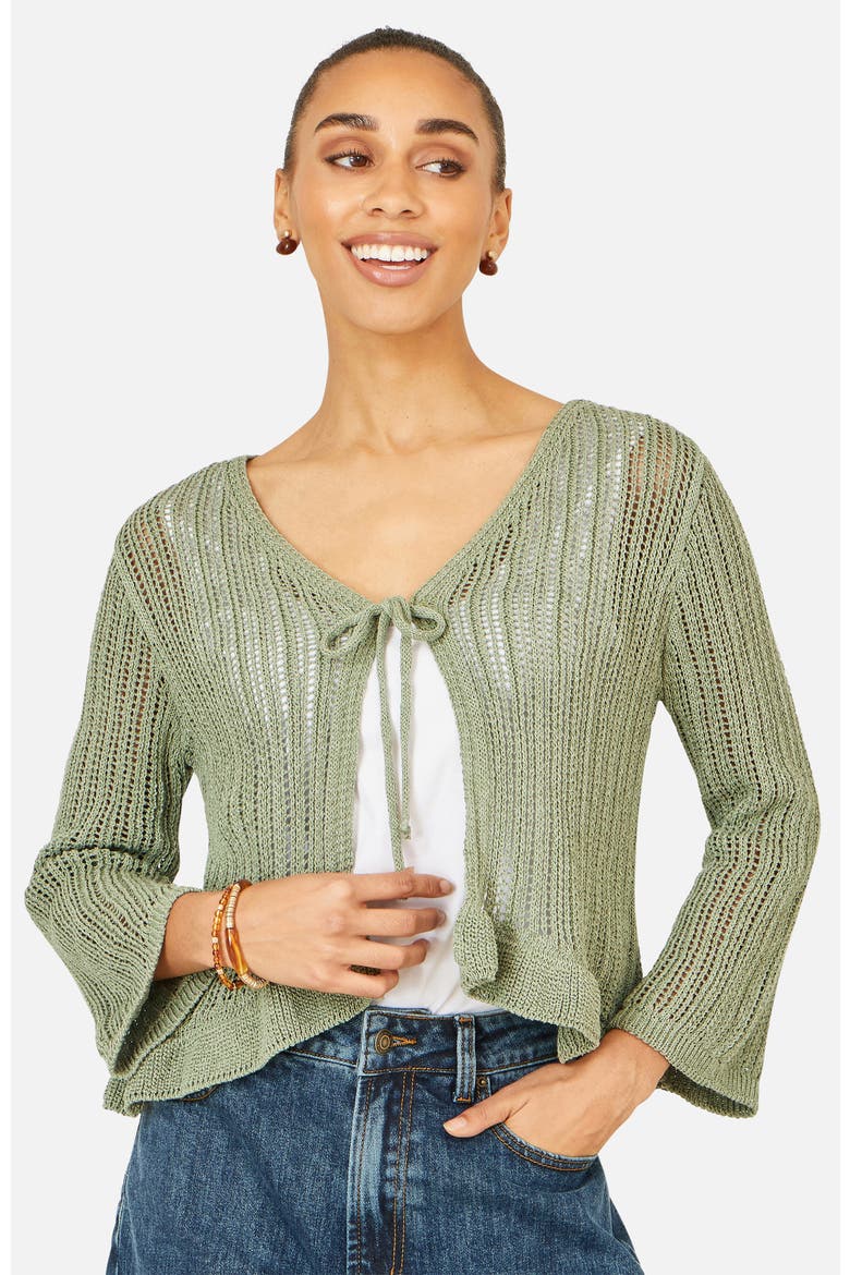 Tie Front Pointelle Cardigan, Alternate, color, Sage Green