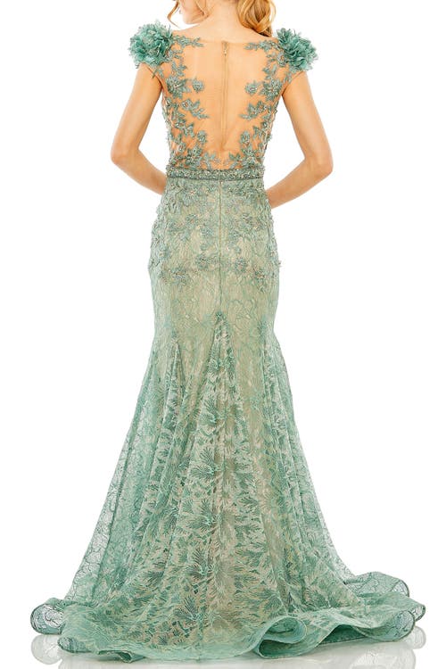 Mac Duggal Embroidered Illusion Appliqued Bodice Trumpet Gown In Sage
