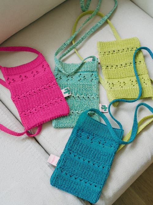 Lost Pattern Nyc "cactus" Crochet Crossbody Phone Bag In Blue