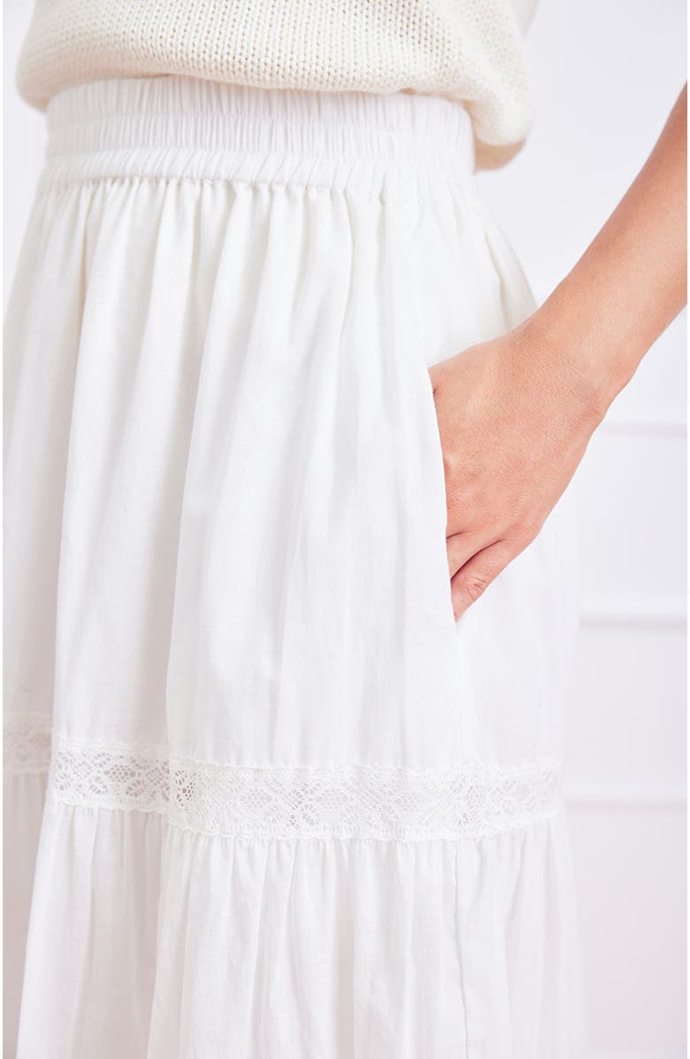 Paneros Clothing Colette Lace Inset Tiered Midi Skirt, Alternate, color, Off White