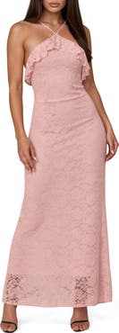 bebe Lace Ruffle Halter Maxi Dress