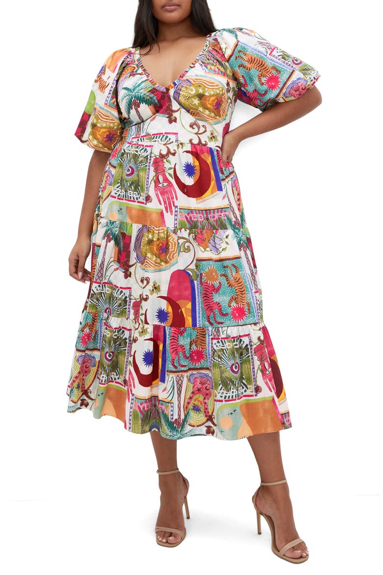 Simona Print Fit & Flare Midi Dress, Main, color, DREAMSCAPE B